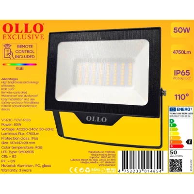 LED Mitrumizturīgs āra prožektors ar pulti 50W, 4750Lm, RGB, IP65